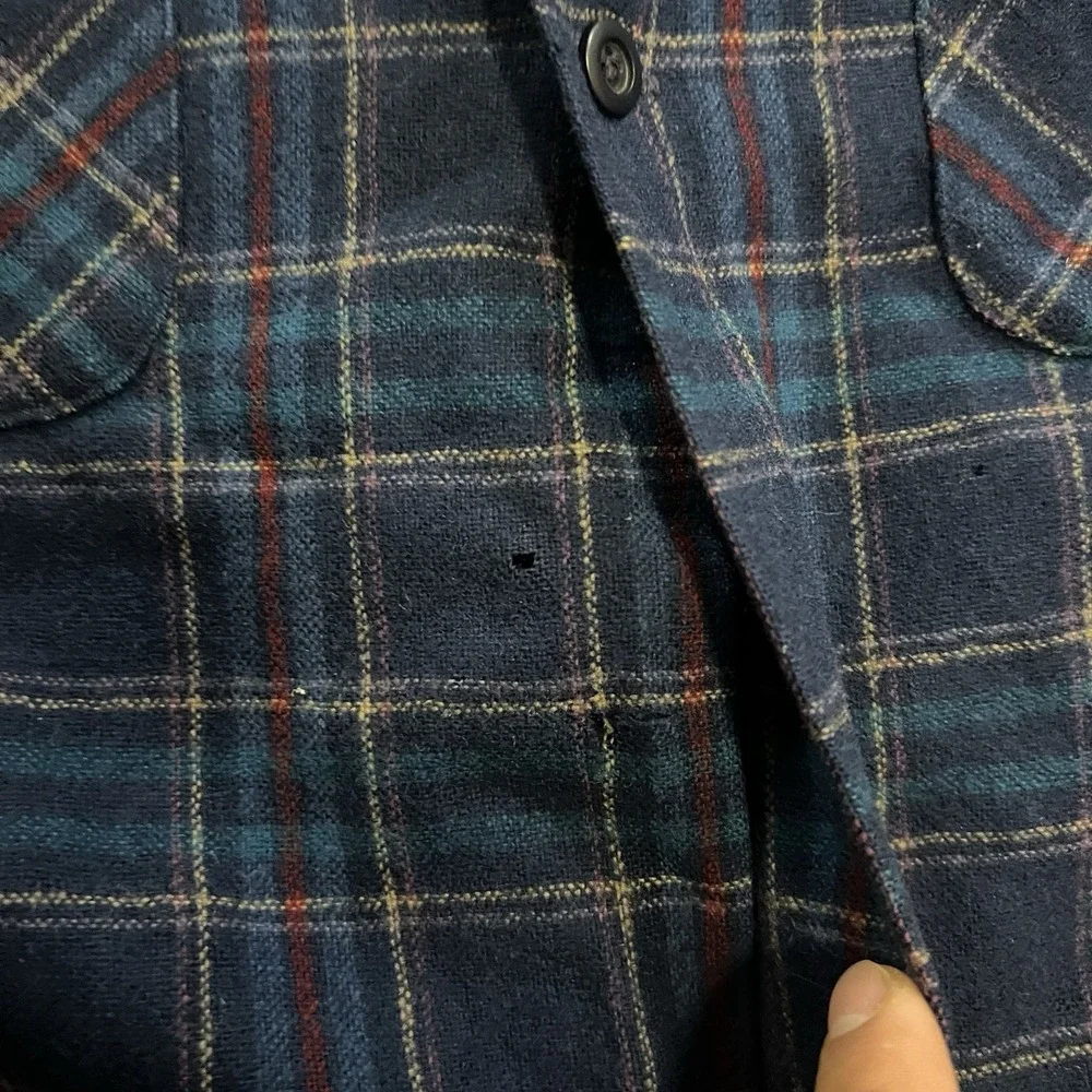 Vintage Pendleton Loop Collar Wool Shirt Men's Large Blue Plaid DAMAGED 60s 70s